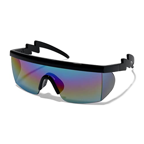 Image of ShadyVEU Semi Rimless Neon Rainbow Sunglasses Mirrored Lens UV Protection 80s Retro Rave Shades Crooked ZigZag Bolt Arm