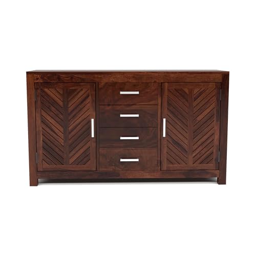 Image of Solid Sheesham Wood Sideboard Cabinet with 4 Drawers & 2 Doors | Rosewood Storage Cabinet for Living Room, Dining Room & Office (Walnut Finish)