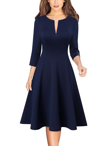 Image of VFSHOW Womens Work Business Front Zipper A-Line Dresses 3 /4 Sleeve Office Church Fit and Flare Skater Swing Knee Length Dress