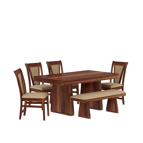 Image of Solid Wood 6 Seater Dining Table | Sheesham Wood Six Seater Dining Table with Cushion Chairs | Wooden Furniture Dinner Table with 4 Chairs and Bench | Natural Finish with Cream Upholstery
