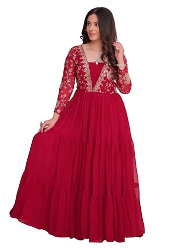 Image of FOXDX Womens Faux Georgette Sequence Embroidered Ankle Length Anarkali Gown for Women| Festival | Trending |