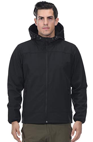 MIER Men's Water Resistant Tactical Jacket Lightweight Soft Shell Jacket Coat with Hood, Fleece Lined, Front Zip, Black, L