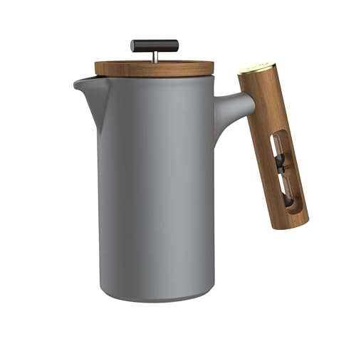 Image of LECTOR Polaris French Press Coffee Maker, 600ML, Ceramic, Manual Coffee & Tea Brewer with Natural Wooden Handle & Lid | Strong Build, Superior Filtration, Innovative 4 Minute Hour Glass Timer (Grey).