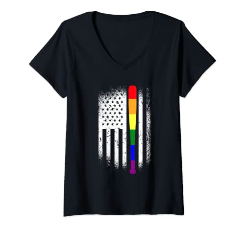 Femme Batte de baseball LGBT-Q arc-en-ciel Gay Pride Ally T-Shirt avec Col en V