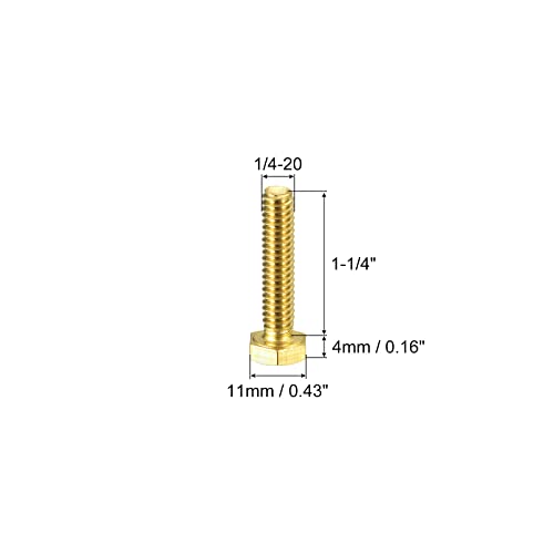 Image of uxcell Brass Hex Bolts, 1 /4-20x1-1 /4 5pcs Fully Thread Grade 4.8 Solid Brass Hexagon Head Bolt Machine Screws for Machinery