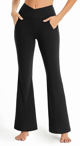 Image of Maxbee Flare Yoga Pants with Pockets for Women, V Crossover Flare Leggings Tummy Control, High Waist Bootcut Yoga Leggings