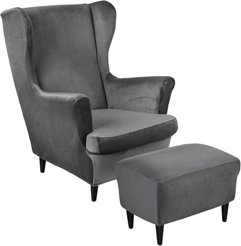 Fundas elásticas para sillón orejero y otomana rectangular con cubretaburete modelo 7