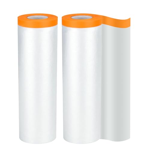 2 Rolls Dust Sheet Masking Film - 150cm x 20m Masking Tape with Plastic Sheet, Dust Sheets with Self Adhesive for Floor Protection, Painting Decorating Covering, Wall Cabinets Sofa Car