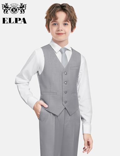 Image of Boys Suit Vest Set 4 Pieces Slim Fit Kids Light Gray Formal Vest and Pants Set for Wedding Ring Bearer, Easter, First Communion, Confirmation, Graduation Toddler Boys Size 3