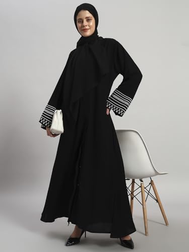 Women’s Abaya with Hijab | Embroidered Long Sleeve Maxi Dress | Modest Islamic Clothing for Women | Poly Crepe Muslim Prayer Dress for Daily Wear, Eid & Special Occasions, Machine Wash (S-XXL)