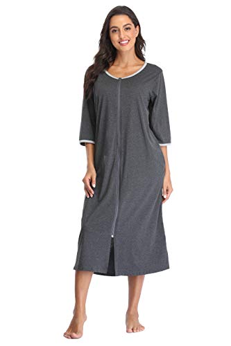 Kasual Womens Zipper Front Robes 3/4 Sleeve Housecoat Long Nightgowns Loose Loungewear with Pockets3