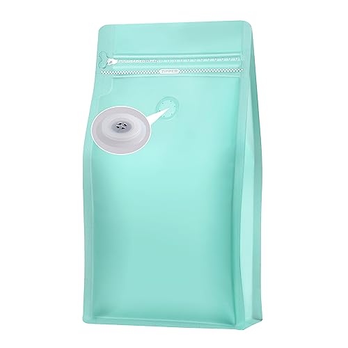 REMTAP Coffee Bags with Valve(100pcs,16oz) Tiffany Blue High Barrier Aluminumed Foil Flat Bottom Standing Coffee Beans Storage Bags,Reusable Heat Sealable Side Zipper Pouches for Home or Store
