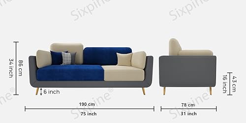 Image of Sixpine Luxury Dual Color Upholstery Sofa in Premium Velvet | Solid Wood Structure | Sturdy Golden Legs | High Density Foam | Extra Comfort for Modern Living Room (Blue & Beige, 3 Seater)