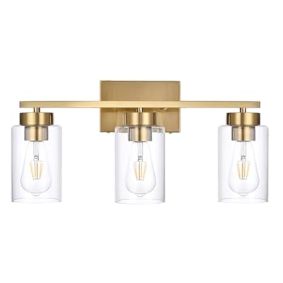 A1A9 3-Light Bathroom Vanity Light, Modern Brushed Gold Wall Lights with Clear Glass Shades, Bathroom Wall Sconce Lamp for Mirror Living Room Bedroom Hallway