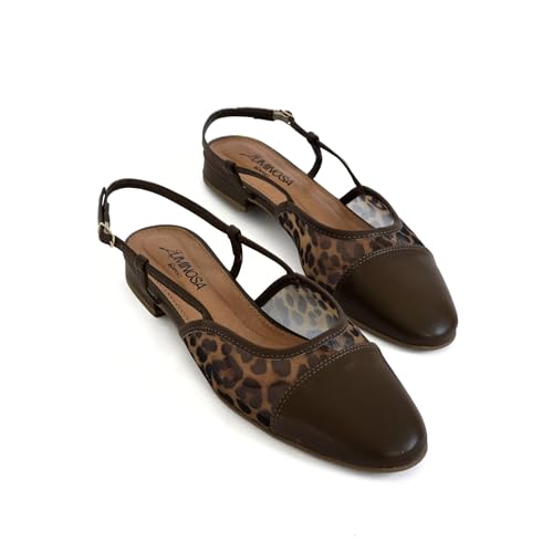 LUMINOSA Women’s Slingback Flats– Leopard Mesh with Brown Round Toe