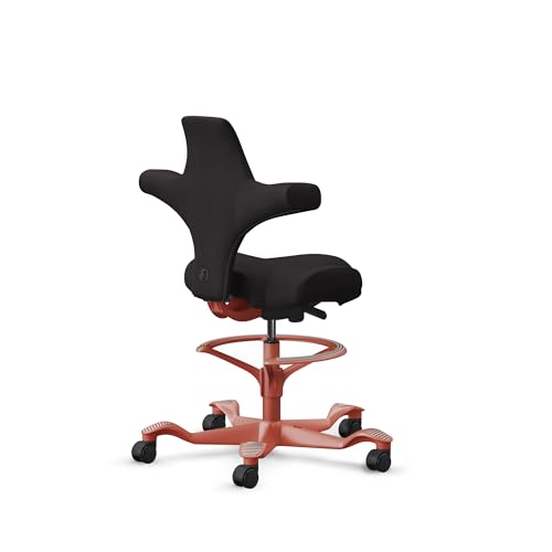 Image of HAG Capisco Sit to Stand Chair-Blush Rose Frame-Upholstered Black Onyx Vinyl-with Foot Ring
