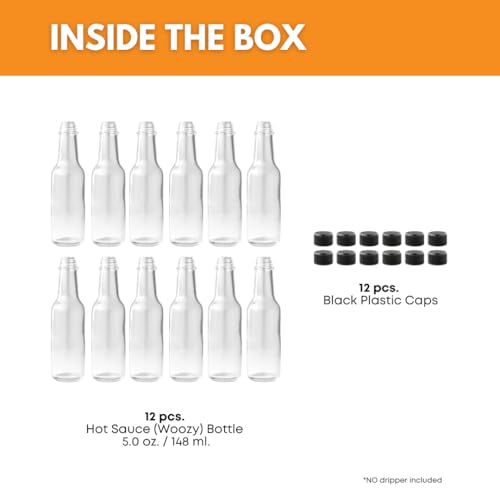 FastRack Woozy Bottle 5 oz (Pack of 12) | Small Hot Sauce Bottles for Canning | Empty Clear Glass Sauce Bottle with Black Plastic Caps | Leakproof Cap - No Dripper Included