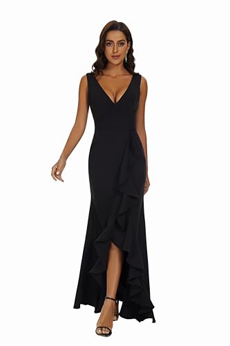 Women's Formal Dresses; Long Black Wedding Guest Bridesmaid Cocktail Plunging V-Neck Sleeveless Ruffle Maxi Dress4