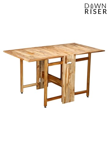 Image of Two-Side Folding Teakwood Table - Space-Saving Design, Sturdy Build, Adjustable Levelers, Multi-Purpose Dining, Work, Study, Easy Assemble, Compact Indoor Outdoor Use - DIY Model - Natural - Dawnriser