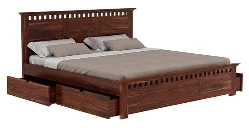 Image of WOODLAB Furniture Solid Sheesham Wood King Size Bed for Bedroom 4 Storage Drawer Wooden Double Beds Cot Furniture for Living Room (Honey Finish)