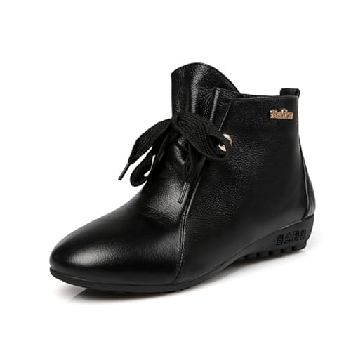 Women's Round Toe Lace-Up Genuine Leather Flat Ankle Boots Comfortable Non-Slip Low Heel Soft Short Boots Casual Work Office Outdoor Walking Booties