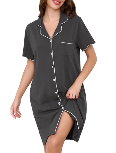 Vlazom Women Nighties Button Down Cotton Nightdress Boyfriend Style Sleepshirt Relaxed Nightshirt Hospital/Maternity/Nursing/Labour Nightgown with Pockets Dusky Grey 3XL