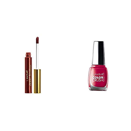 Image of Lakme Jewel Sindoor, Maroon, Quick Drying, Long Lasting, Liquid Sindoor, 5 ml & Lakme True Wear Color Crush Nail Color, Red 24, 9ml