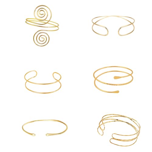 6 Pieces Gold Arm Cuff Jewelry, Arm Cuff Upper Bracelet, Upper Arm Cuffs Bangle for Women, Adjustable Minimalist Armband Set