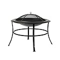 Fire Sense 62237 Fire Pit Tokia Steel Wood Burning Lightweight Portable Outdoor Firepit Rounded Lip & Curved Legs Included Wood Grate & Screen Lift Tool - 30" Round - Black