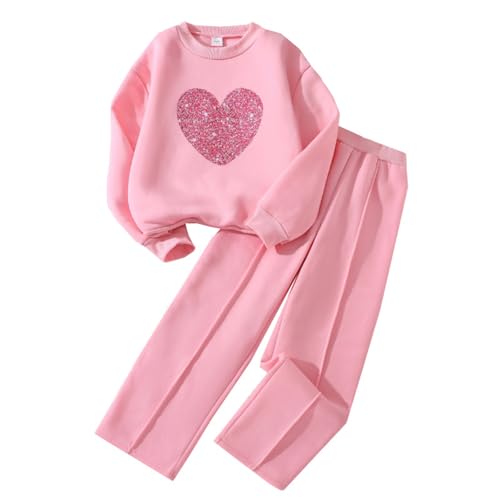 Kunyeah 2 pezzi felpa da ragazza con stampa a cuore pullover tuta in pile a maniche lunghe vestiti pantaloni set per età 8-12 anni, Rosa, 8 anni