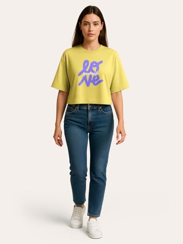 Image of HELLCAT Beige Printed Loose Fit Crew-Neck Crop T-Shirt for Women