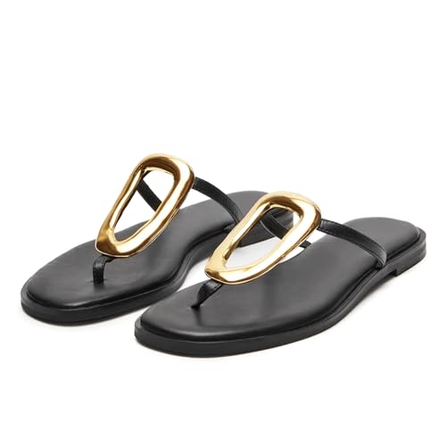 Flip-Flops for Women Thong Sandals Flat Black Slip on Slides Leather Beach Comfort Open Square Toe Ladies Slipper Dressy Metal Hardware Decoration Summer Shoes Casual Fashion