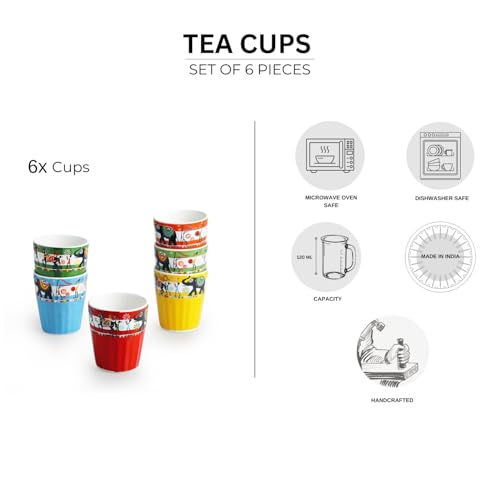 Image of ExclusiveLane 'Elephant & Camel Motifs' Ceramic Tea Cups Set of 6 for Tea Cups Ceramic (Set of 6, 120 ml, Microwave Safe, Without Handle) | Coffee Cup Set Ceramic Cups Tea Cup Chai Cups for Tea
