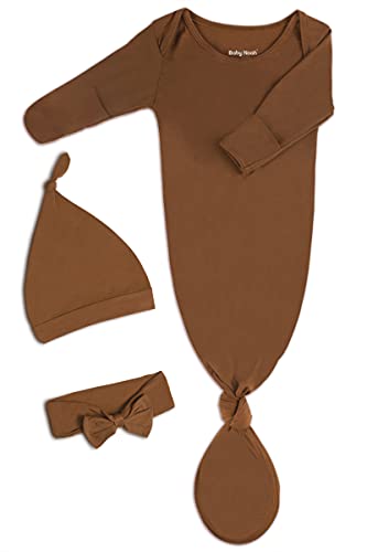 Image of Knotted Baby Gowns Newborn Sleepers, Super Soft Modal Clothes for Boys, Cute Outfit with Mittens, Bow and Hat Set for Gift Brown