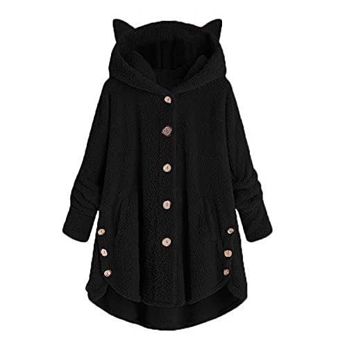 Uillui Teen Girls Fuzzy Plush Tops Coat Winter Keep Warm Button Down Cardigan Hoodies Jacket Kawaii Cat Ears Irregular Coats