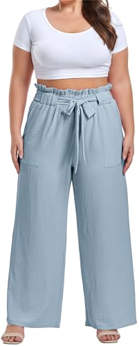 Image of OLRIK Women's Plus Size Pants Adjustable High Waisted Wide Leg Palazzo Pants Casual Trousers with Pockets Spring Clothes