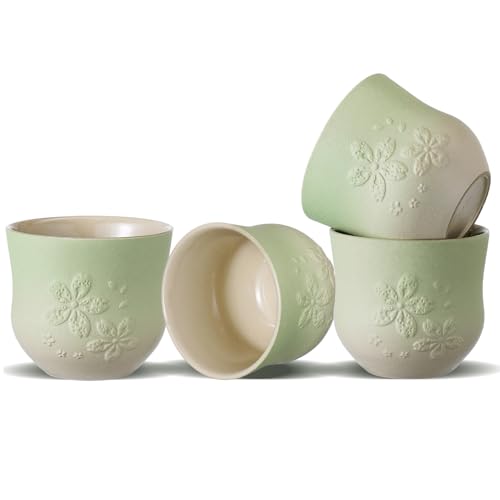 ZENS Japanese Tea Cups Set of 4 – 210ml Ceramic Tea Cups, Gradient Green Glaze, Embossed Design – Handleless Matcha & Gongfu Cups, Traditional Asian Style