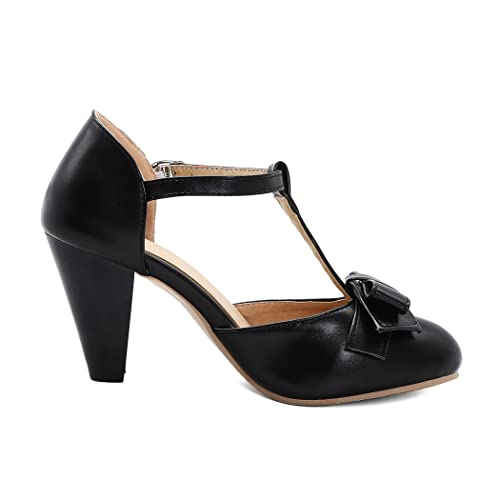 Image of Elbslutt Women's Cute Retro Rockabilly Shoes T Strap Mary Janes Heels Chunky Cosplay Shoes Sweet Block Heeled Bow Pumps