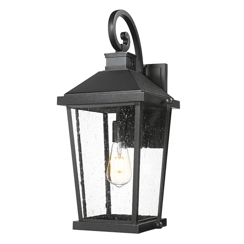Image of zeyu Large Dusk to Dawn Wall Lamp, 21.5'' Wall Mount Exterior Light Fixture, Black Porch Light with 4 Modes, 220 Detection, Die-Cast Aluminum with Seeded Glass Shade, ZW105B-M-SE BK