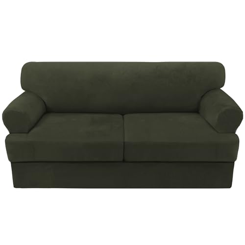 H.VERSAILTEX Sofa Cover 3 Piece T Cushion Sofa Slipcovers Thick Velvet Couch Cover Stretch T Cushion Sofa Covers for 2 Cushion Couch with 2 Individual T Cushion Covers, Olive