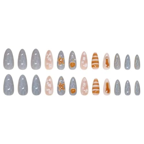 Image of Blue Ocean Press on Nails Starfish Sea Shell Fake Nails Medium Almond False Nail with Pearl Design 3D French Tip Glue on Nails Artificial Acrylic Summer Stick on Nail for Women Girls Manicure 24Pcs