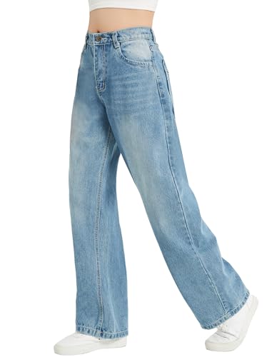 EXARUS Girls Jeans Baggy Wide Leg Cute Teen Denim Pants Junior Mid Rise Elastic Band with Pockets Casual Clothes4