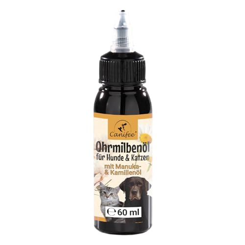 Canifee - Ohrentropfen für Hunde und Katzen, Ohrenmilbenöl mit Manuka-Öl bei Hefepilz und Ohrmilben, 60ml Flasche mit fein einstellbarem Dosierkopf, natürliches Pflegeöl gegen Entzündungen