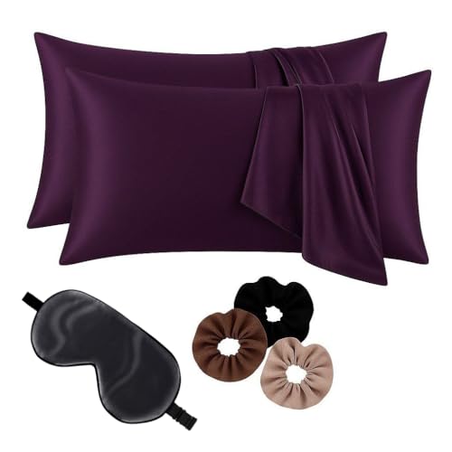 Image of Premium Satin Pillowcase Set of 2 with Eye Mask & 3 Scrunchies | Silky Soft, Anti-Frizz, Skin & Hair Care Sleep Set | Luxury Gift Combo for Women & Girls (Wine)