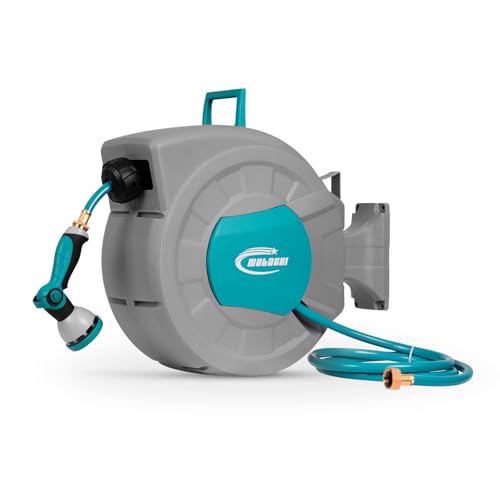 MOLACHI Retractable Garden Hose Reel, 1/2 Inch x 100 ft Wall Mounted Hose Reel, with 9- Function Sprayer Nozzle, Any Length Lock, Return System and 180 Deg Swivel Bracket