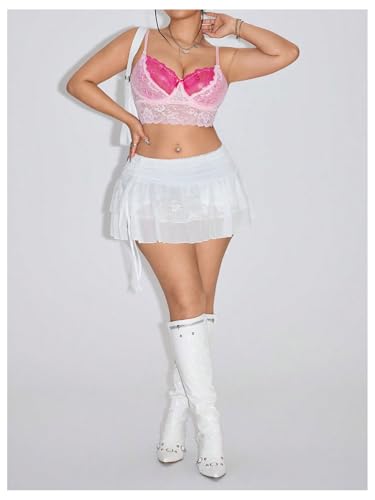 Verdusa Women's Plus Size Tiered Layered Lace Ruffle Skirt Slit Drawstring Mini Skirts4