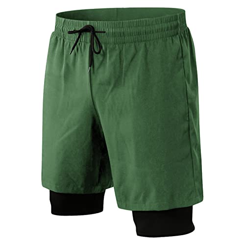 Short de Sport 2 en 1 pour Homme Short de Course d'entraînement à Taille élastique avec Cordon de Serrage Short de Sport Ample décontracté avec Poches pour téléphone (Vert,S)