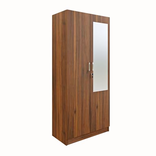 Image of VIKI Wardrobe | Shirakawa Wardrobe | Wooden Almirah for 2 Door Wardrobe with 4 Shelves with Mirror (Brussel Walnut - 40D x 80W x 180.8H) | 1 Year Warranty | Free Assembly