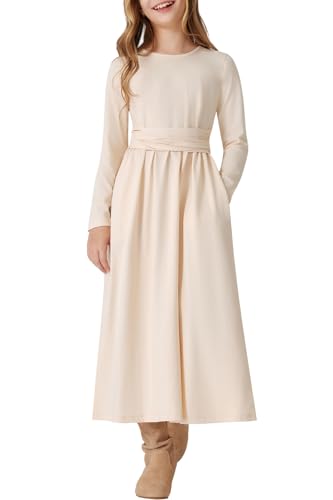 Girls Maxi Dress Long Sleeve Crossed Belt Dress with Pockets for Fall Winter Spring 6-12 Years