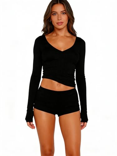 Image of Dressmine Sexy Pajamas Set for Women Spring Pj Lounge Sets 2 Piece Cute Sleepwear Long Sleeve V Neck Y2K Tops Shorts